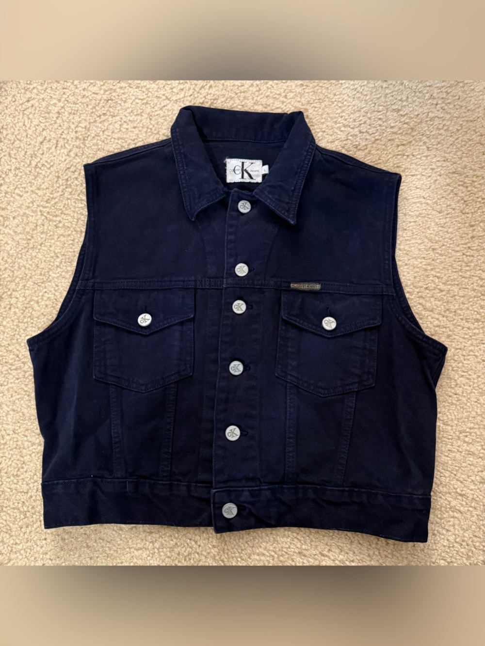Calvin Klein Vintage Navy Blue Dark Wash Sleeveless Denim Silver Vest Large